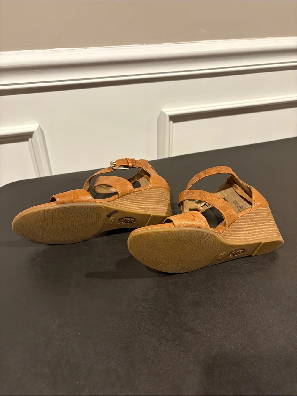 Sofft Tan Leather Crisscross Wedge Sandals
